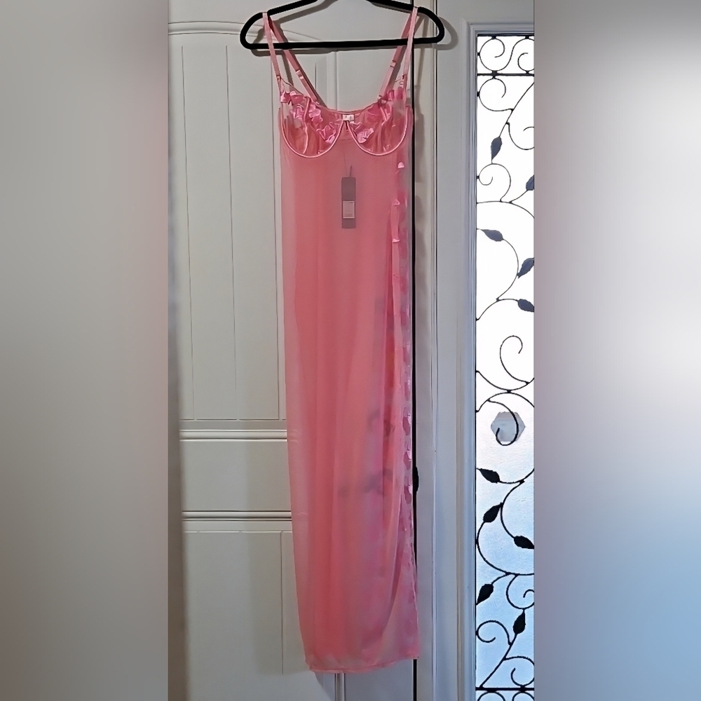 Fashion Nova Pink Heart Flutters Baby Doll Sheer Maxi Gown/ Matching Thong M